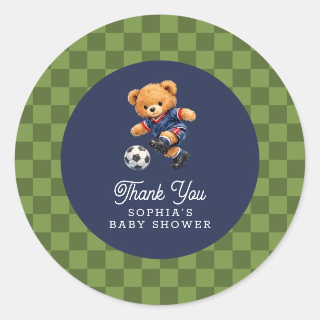 Soccer Teddy Bear Checkboard Retro Baby Shower Runder Aufkleber (Vorderseite)