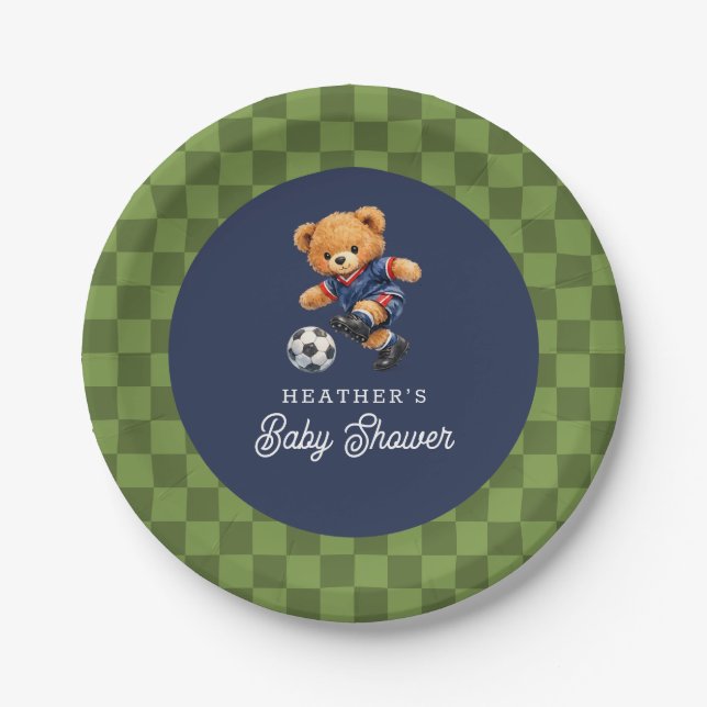 Soccer Teddy Beary Checkboard Retro Baby Shower Pappteller (Vorderseite)