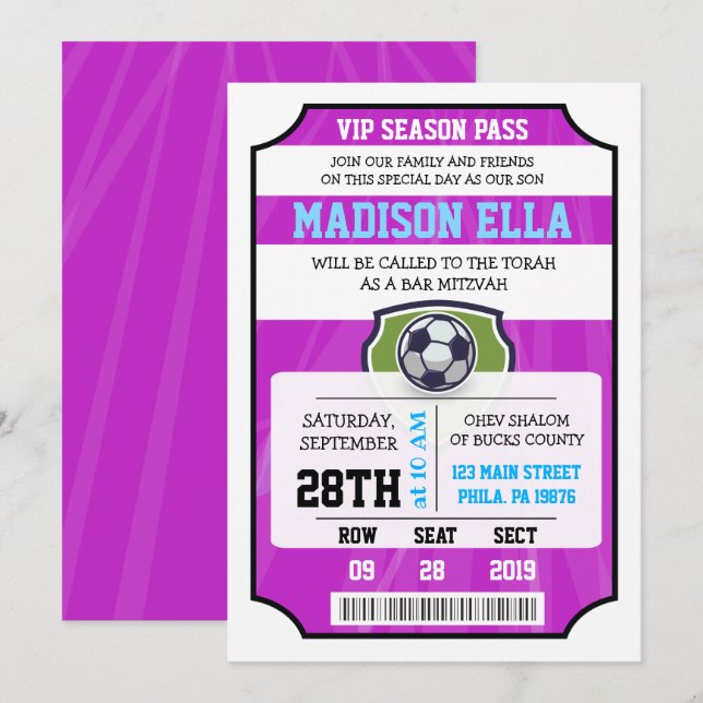 SOCCER VIP TICKET Bat Mitzvah Einladung (Vorne/Hinten)