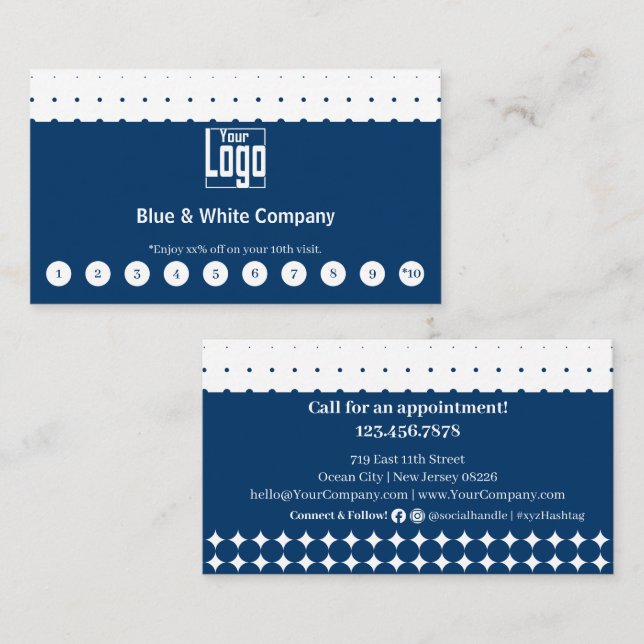 Social Media Call für klassische Blue & White Logo Treuekarte (Vorne/Hinten)