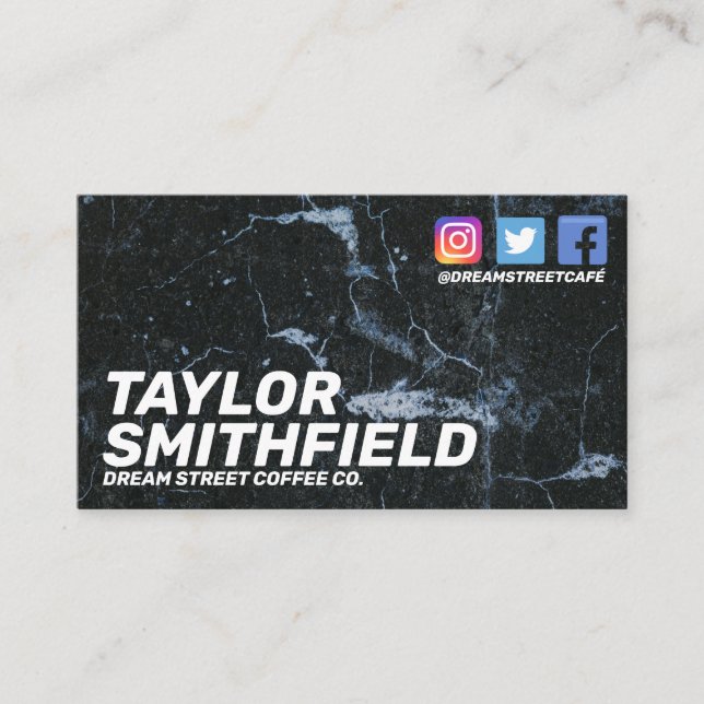 Social Media Moderne Black Marble Business Card Visitenkarte (Vorderseite)