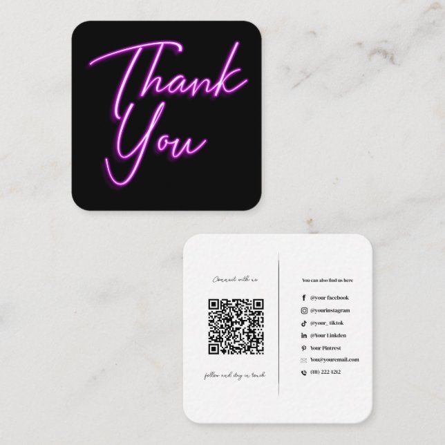 Social Media QR Code Business Lila Vielen Dank Quadratische Visitenkarte (Vorne/Hinten)