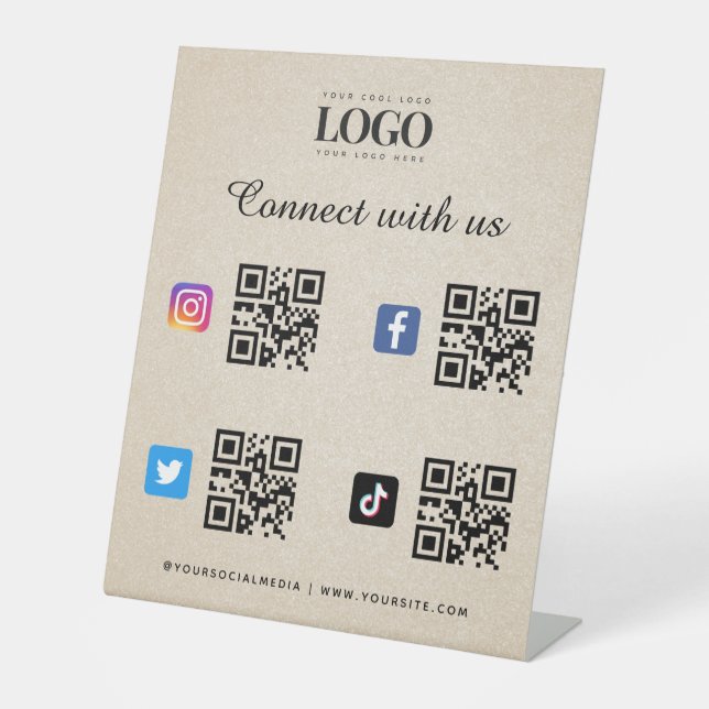 Social Media Qr-Logo-Twitter Facebook Beige Sockelschild (Vorderseite)