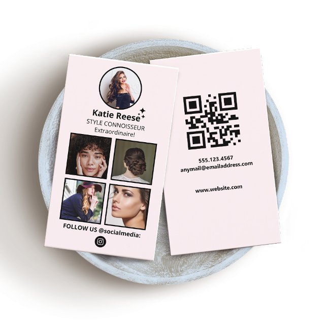 Social Media, rosa Instagram Foto Visitenkarte (Pink Social Media, 4 Photo Grid, QR Code)