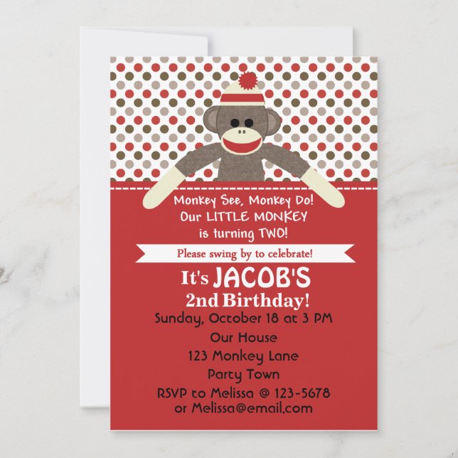 Sock Monkey 2nd Birthday Party invitation - person (Devant)