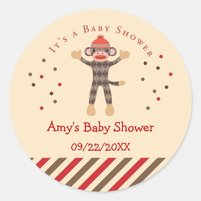 Sock Monkey Baby Showaufkleber Runder Aufkleber (Vorderseite)