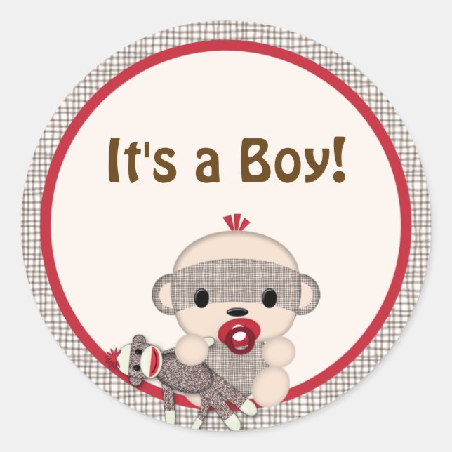 SOCK MONKEY Baby Shower leere Round BOY #5 Runder Aufkleber (Vorderseite)