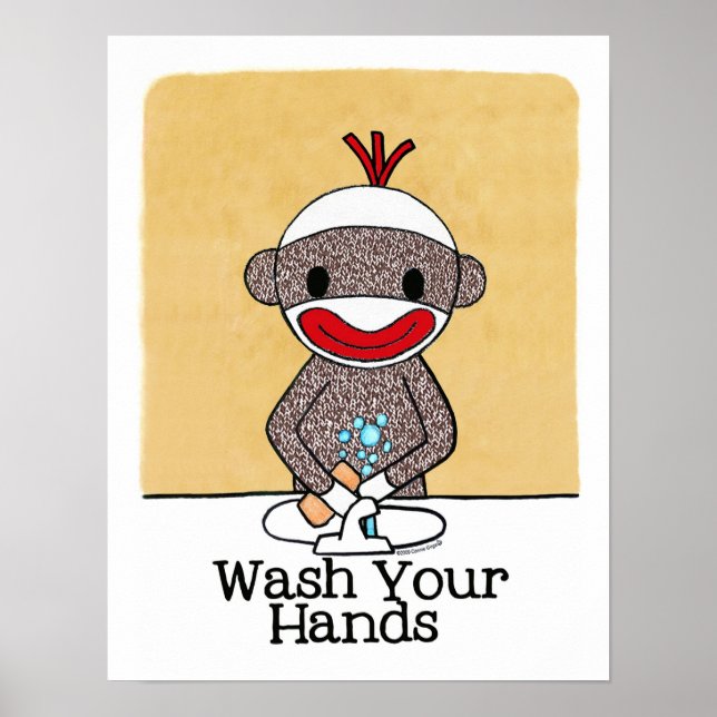 Sock Monkey Bathroom Erinnerung Waschen Sie sich d Poster (Vorne)