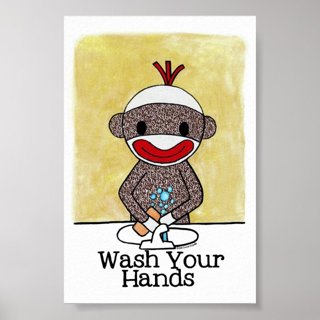 Sock Monkey Bathroom Erinnerung Wash your Hands 4x Poster (Vorne)