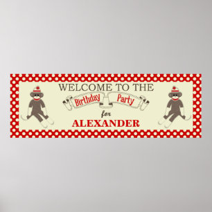 Sock Monkey Birthday party banner personalize Poster