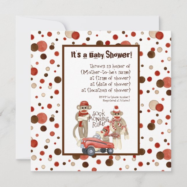 Sock Monkey, Boy Baby shower Invitation (Devant)