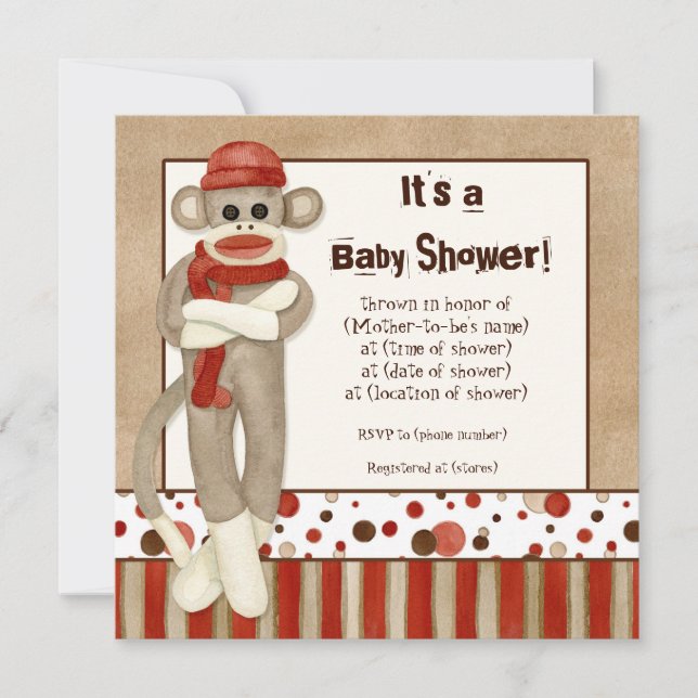 Sock Monkey, Boy Baby shower Invitation (Devant)