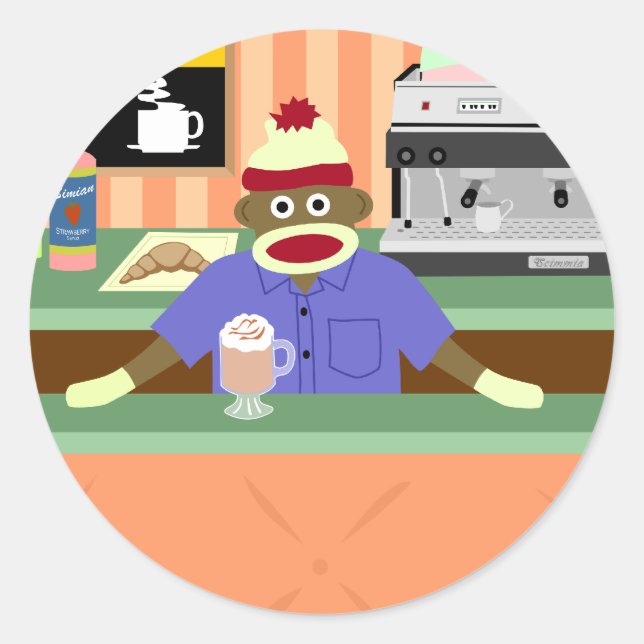 Sock Monkey Coffee Shop Barista Runder Aufkleber (Vorderseite)