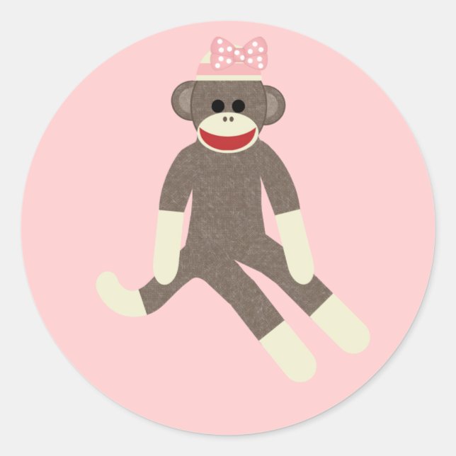 Sock Monkey fille avec un autocollant arc rose (Devant)