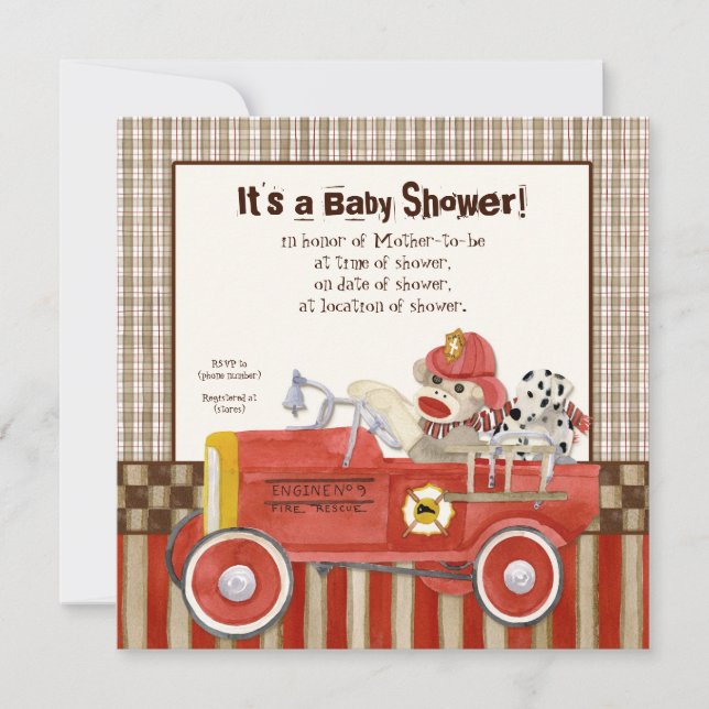 Sock Monkey, Fire Truck Boy Baby Shower Einladung (Vorderseite)