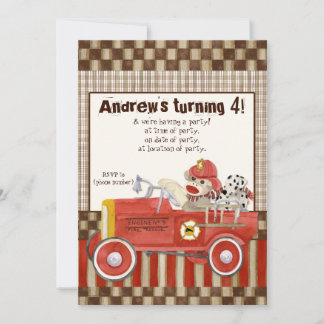 Sock Monkey, Fire Truck Boy Geburtstagsparty Einla Einladung