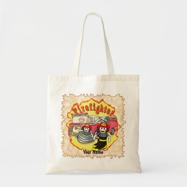 Sock Monkey  Firetruck Firefighter custom name Tragetasche (Vorne)
