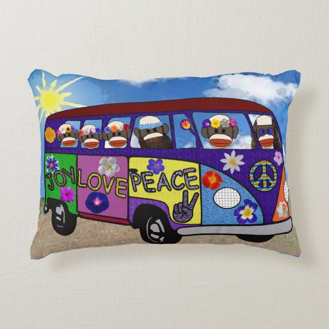 Sock Monkey Friedensbus Dekokissen (Vorderseite)