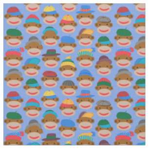 Sock Monkey Heads mit Deckel auf Blue Fabric Stoff