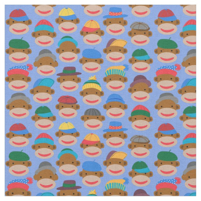Sock Monkey Heads mit Deckel auf Blue Fabric Stoff (Nahaufnahme)