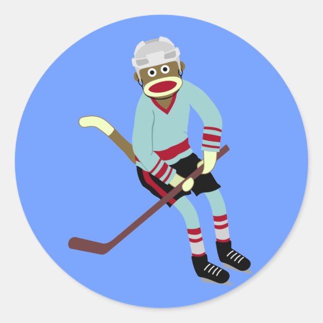 Sock Monkey Hockey Player Runder Aufkleber (Vorderseite)