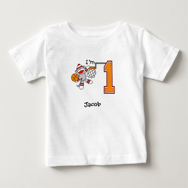Sock Monkey Hoops 1. Geburtstag Baby T - Shirt (Vorderseite)