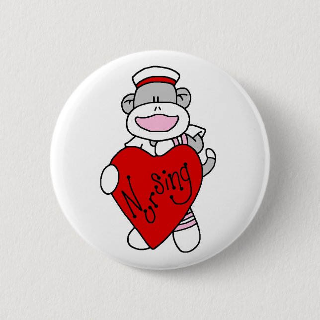 Sock Monkey I Liebe Pflege T - Shirt und Geschenke Button (Vorderseite)