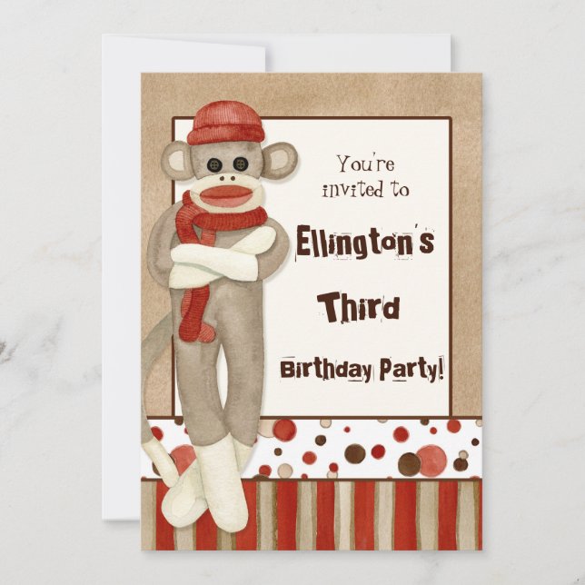 Sock Monkey, Invitation de fête d'anniversaire (Devant)
