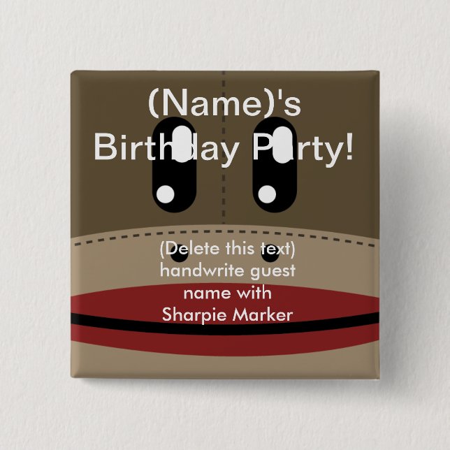 SOCK MONKEY Name Button Favoriten für Party Geburt (Vorderseite)