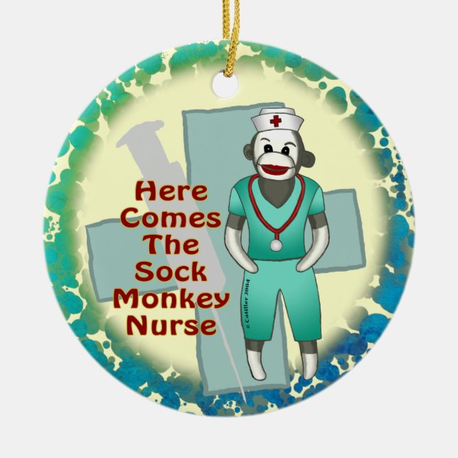 Sock Monkey Nurse individuelle Name Keramik Ornament (Vorne)