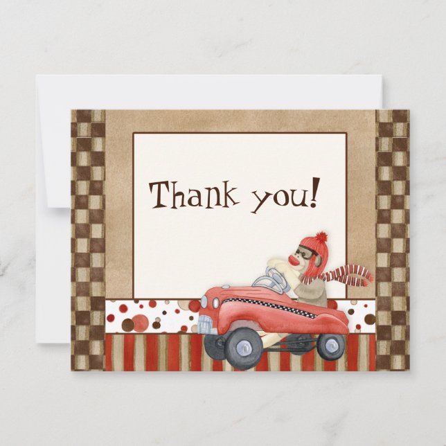 Sock Monkey Pedal Car, vielen Dank für Ihre Karte (Vorderseite)