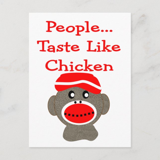 Sock Monkey "PEOPLE TASTE like CHICKEN" Postkarte (Vorderseite)