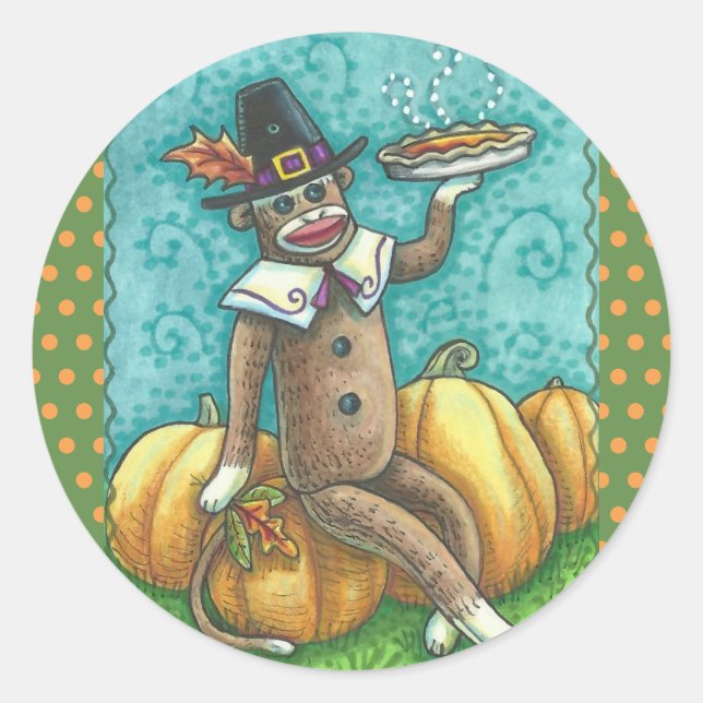 SOCK MONKEY PILGRIM ERNTEDANK STICKER RAND (Vorderseite)