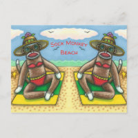 SOCK MONKEY RED BIKINI, AM STRAND CARTOON Funny