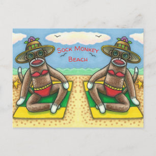 SOCK MONKEY RED BIKINI, AM STRAND CARTOON Funny Postkarte