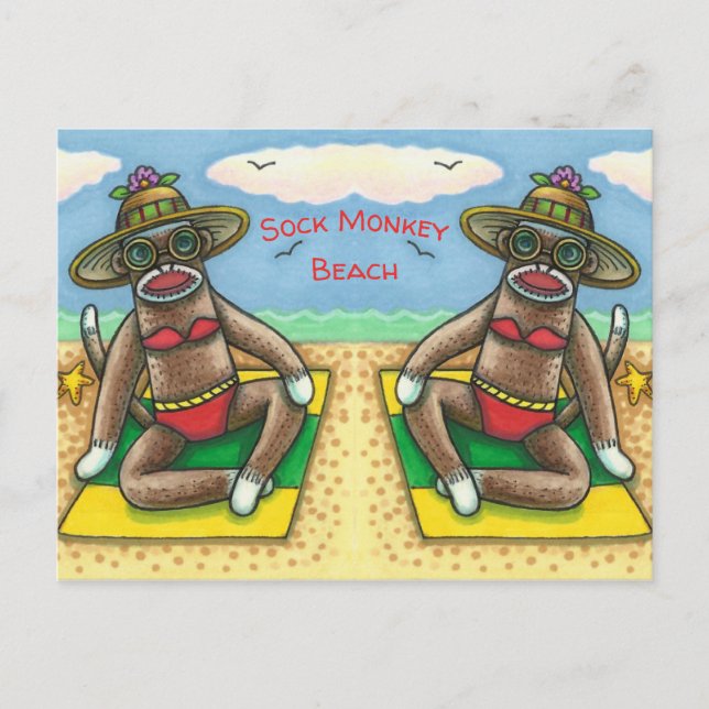SOCK MONKEY RED BIKINI, AM STRAND CARTOON Funny Postkarte (Vorderseite)