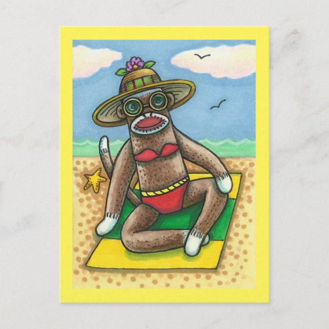 SOCK MONKEY RED BIKINI, AM STRAND CARTOON Funny Postkarte (Vorderseite)