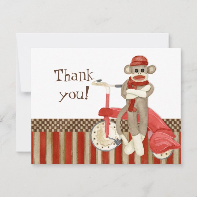 Sock Monkey Retro Tricycle, vielen Dank für Ihre A Mitteilungskarte (Vorderseite)