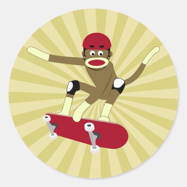 Sock Monkey Skateboarder Runder Aufkleber (Vorderseite)