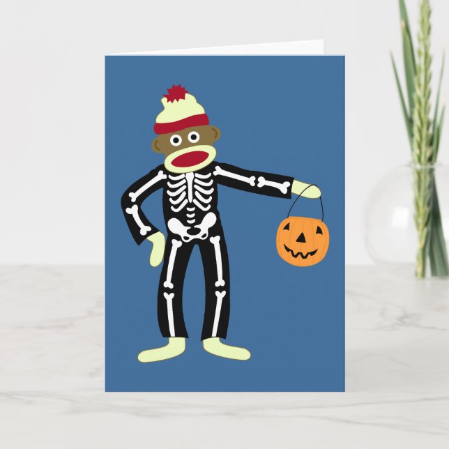 Sock Monkey Skeleton Halloween Karte (Vorderseite)