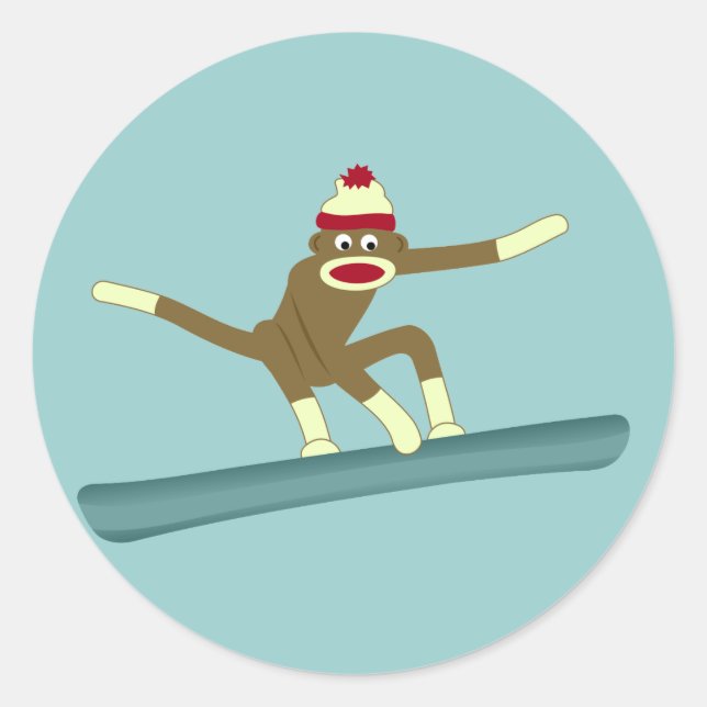 Sock Monkey Snowboarder Runder Aufkleber (Vorderseite)