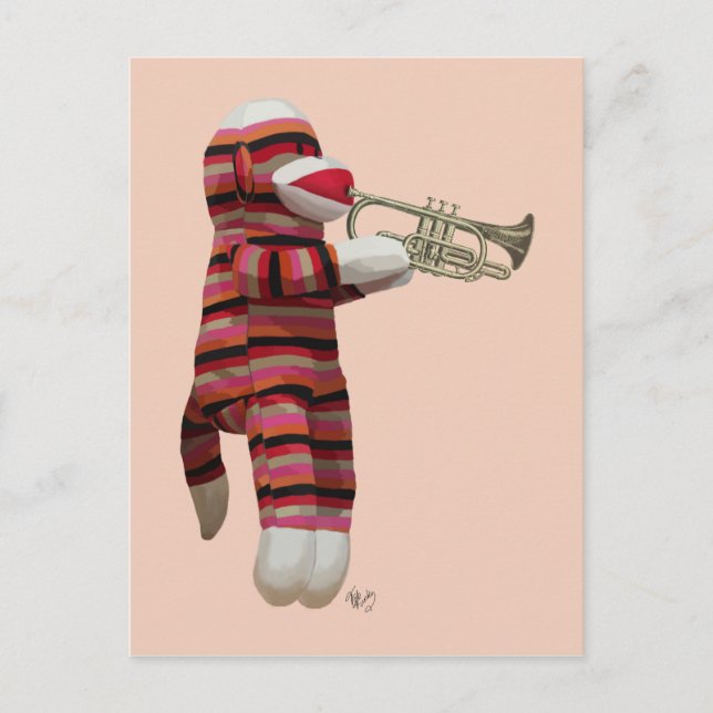 Sock Monkey spielen Trumpet 2 Postkarte (Vorderseite)