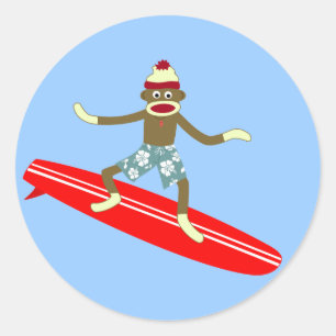 Sock Monkey Surfer Runder Aufkleber