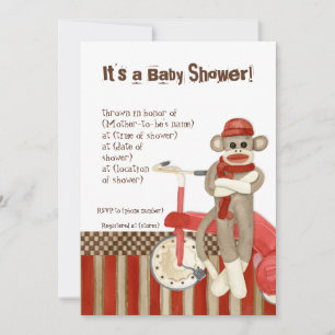 Sock Monkey, Tricycle, Boy Baby shower Invitation