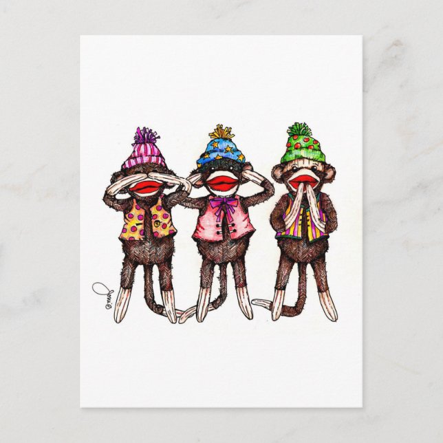 Sock Monkey Trio - Sehen, hören, sprechen kein Übe Postkarte (Vorderseite)