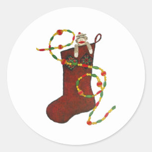 Sock Monkey Weihnachtsaufkleber für Strümpfe Runder Aufkleber