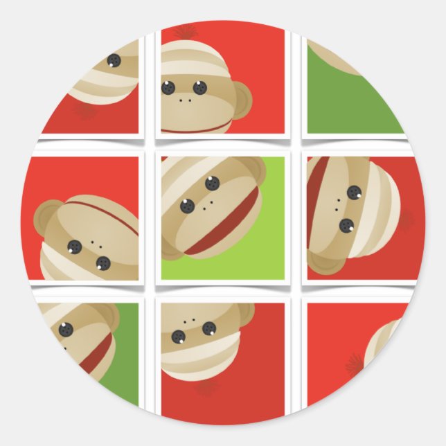 Sock Monkey Weihnachtsblöcke Round Stickers (Vorderseite)