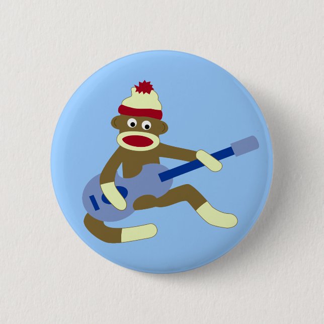Socken-Affe, der blaue Gitarre spielt Button (Vorderseite)