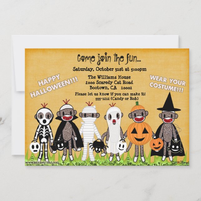 Socken-Affe-Halloween-Gruß-Karte oder Einladung (Vorderseite)