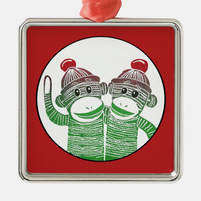 Socken-Affen mit roter Grenzquadrat-Verzierung Silbernes Ornament (Vorne)